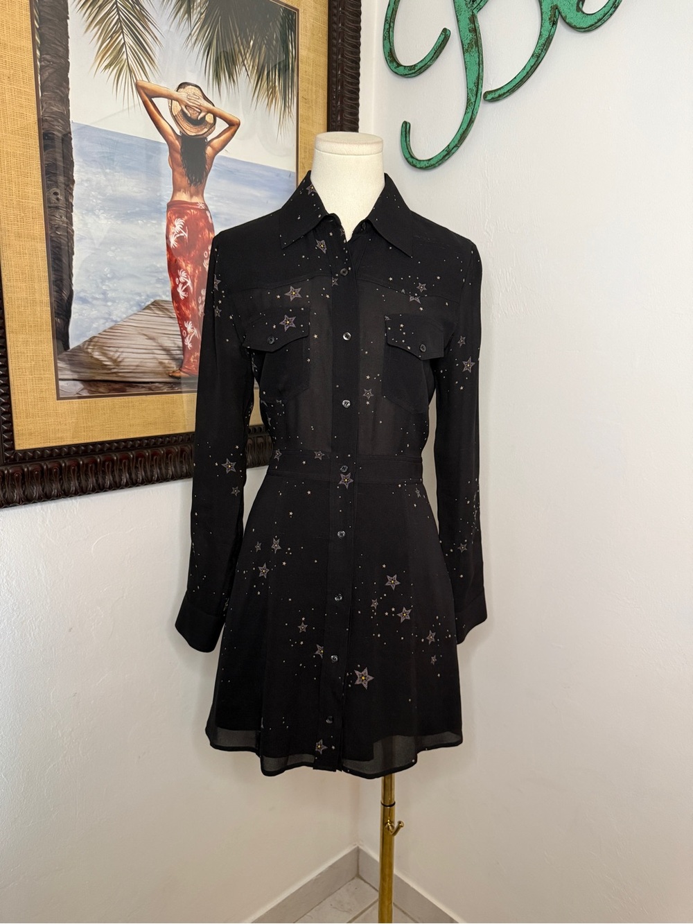 A.L.C. Black Star-Print Long Sleeve Shirt Dress